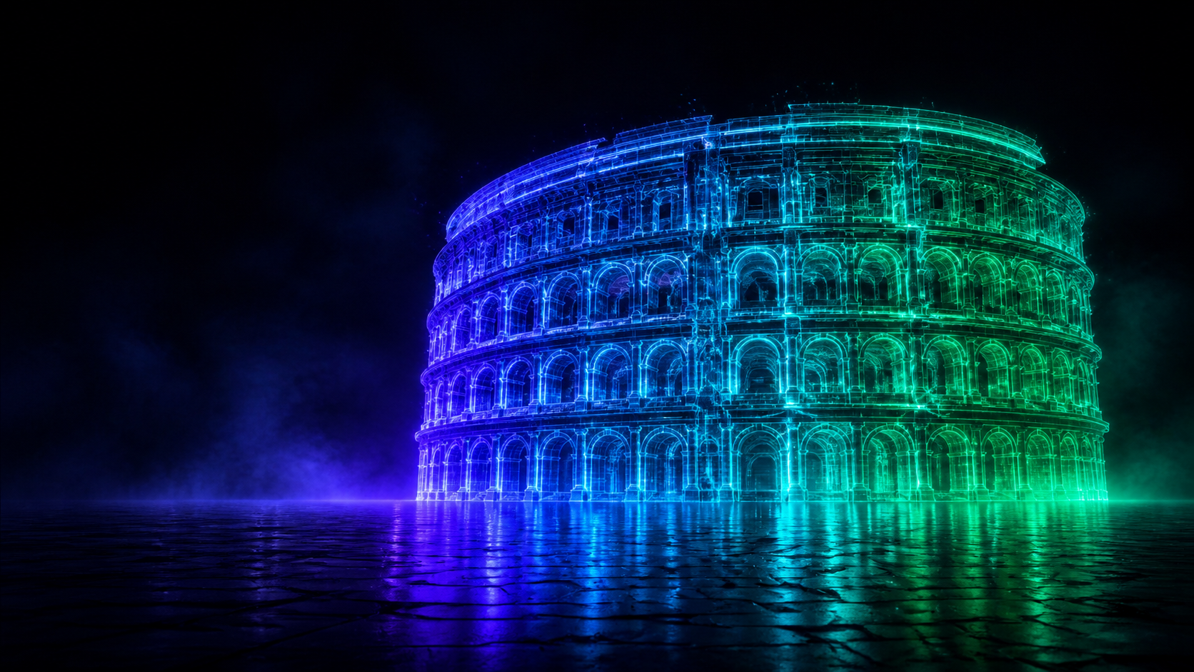 Neon holographic Colosseum in the Divvy Arena